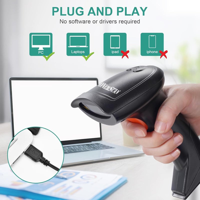 onewscan USB 1D Barcode Scanner, Handheld Wired Laser Barcode Reader with Stand Plug and Play Bar Code Scanners for Warehouse, Library, Supermarket - Image 3